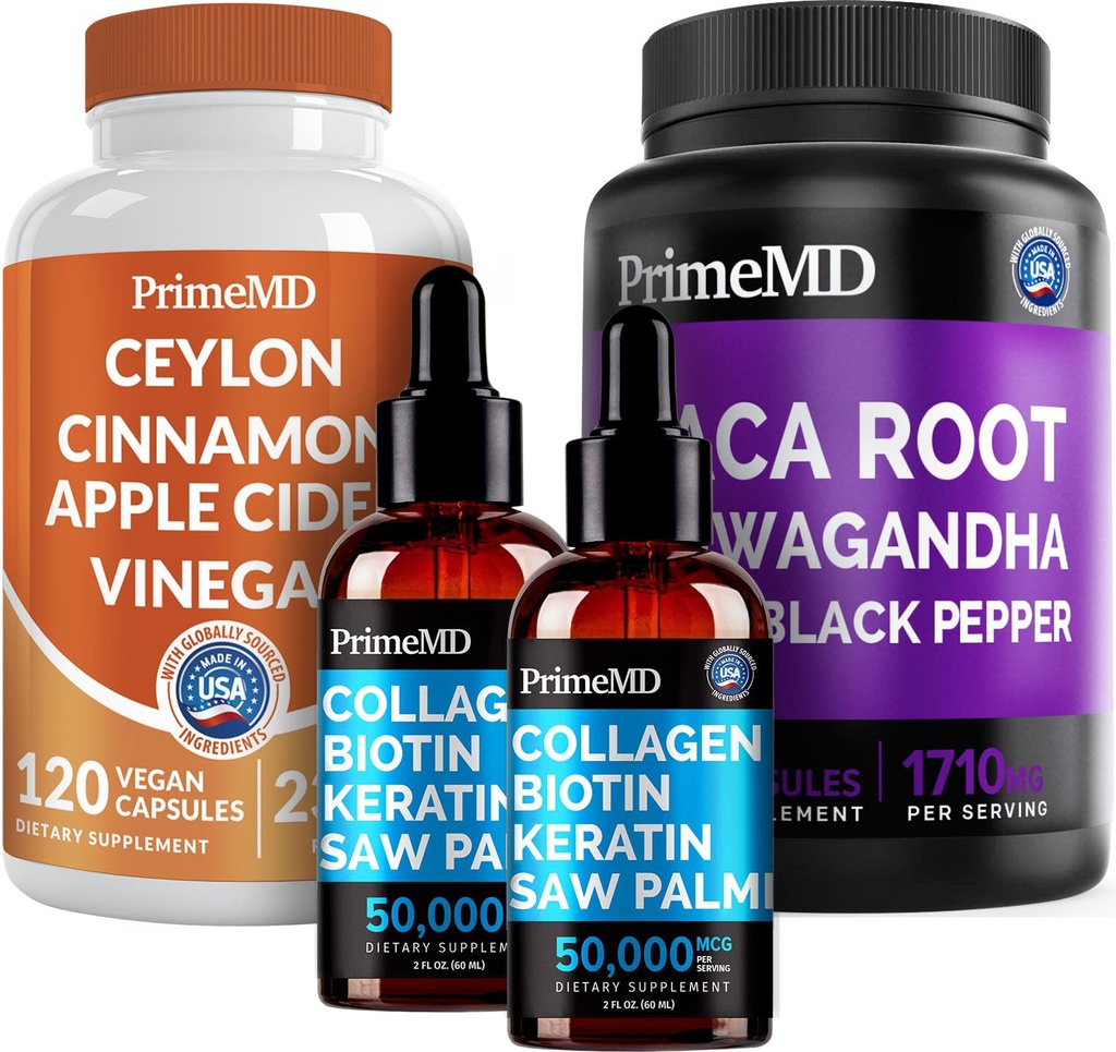 5-v-1 Ceylon Cinamon (120ct), 4-v-1 Biotin Collagen Keratin Saw Palmetto (2 fl oz - 2 Pack) & 6-v-1 Maca Root Ashwagandha (120ct) Bundle - Energija, Mood, Hair, Skin & Imunska podpora