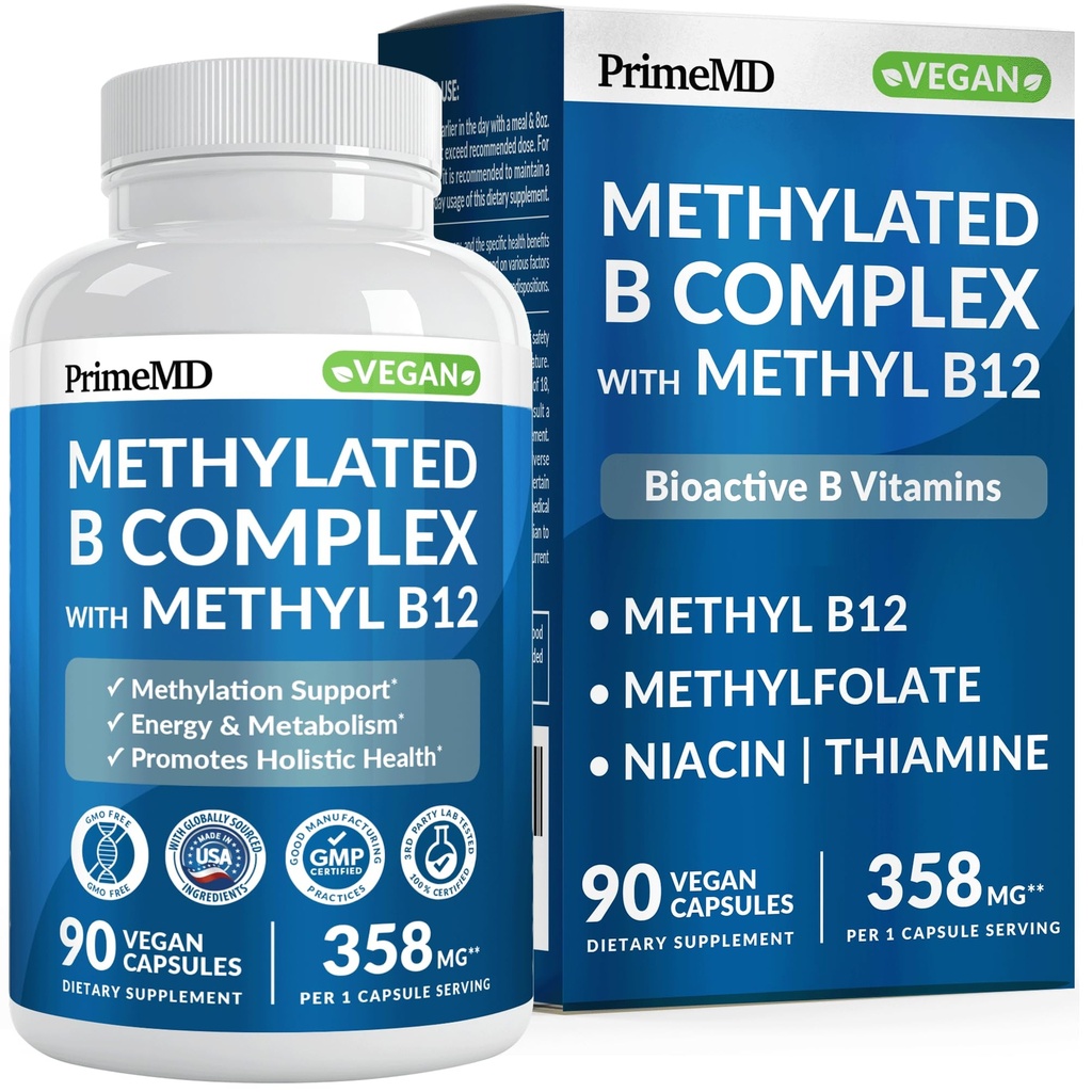 Metilirani B kompleks z metilfolatom in B12 Metilkobalamin 1000 mcg - Metilirani multivitamin za energijo, delovanje možganov in Wellness - Vitamin B kompleks za moške in ženske (90 Serving) (Pack of 1)