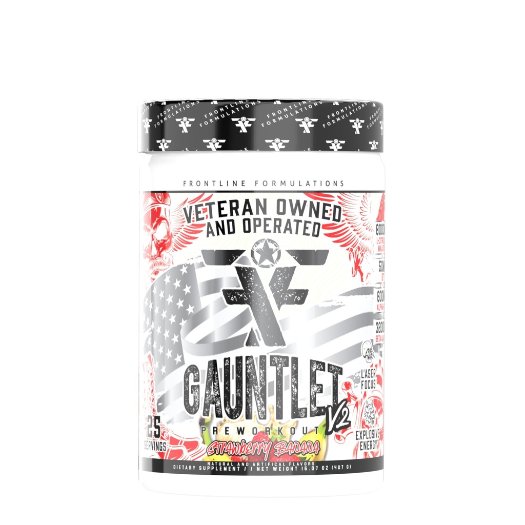 Gauntlet Pre-World Powder, Eksplozivne vadbe, Laserski fokus, Mid Stim, Neverjetna aroma, Veteran v lasti in upravljanju, Pakiranje maj Vary (25 Serving, Jagodna banana)