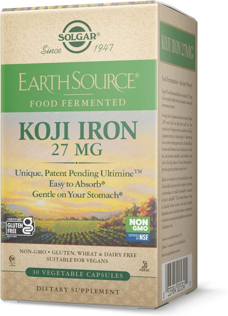 Solgar Earth Source Food Fermentirano Koji železo 27mg, 30 Zelenjavne kapsule - večja absorpcija, počasi sproščanje železa - Nežen na Stomachu - Ne-GMO, Vegan, Gluten Free, Dairy Free, Kosher - 30 Servisi