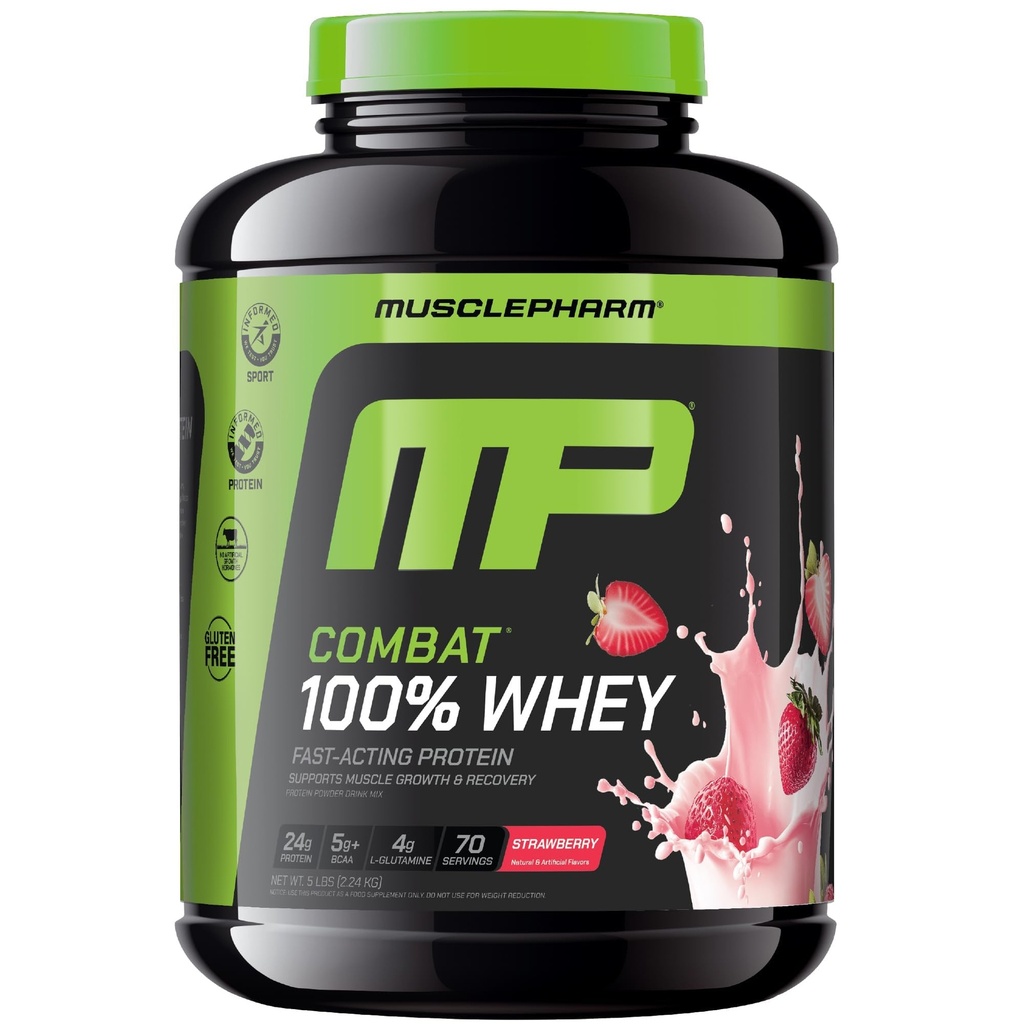 MusclePharm Combat 100% Whey Protein Powder, Jagodna krema aroma, hitro okrevanje in mišični dobiček z izolatom sirotkinih beljakovin, visoke beljakovine v prahu za ženske in moške, Gluten brez, 5 lb, 70 Serving