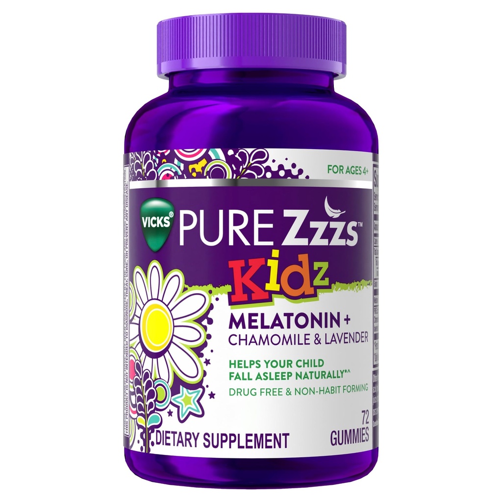 PURE Zzzs Kidz, Otroci Melatonin Gummy, Pomoč v spanju, nizka količina melatonin za otroke, s kamilico in sivke, Melatonin 1 mg, Melatonin Gummies Otroci, Berry Okusen, 72 Spanje Gumies