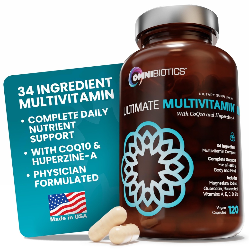 OmniBiotika Ultimate Daily Multivitamin za ženske in moške – 34 Bistvene sestavine, vključno z vitaminom A, C, D, E, B6, B12, Biotin, cink – 120 Veganske kapsule