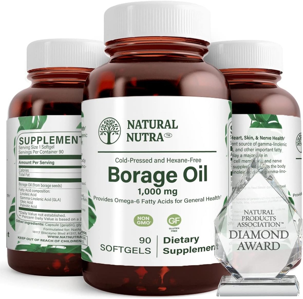 Naravni Borage Oil Supplement – bogat z gama-linolensko kislino (GLA), A Potent Omega-6 Essential Maščobne kisline Znan po podpiranju kože, živcev in skupno zdravje 90 Softgels.