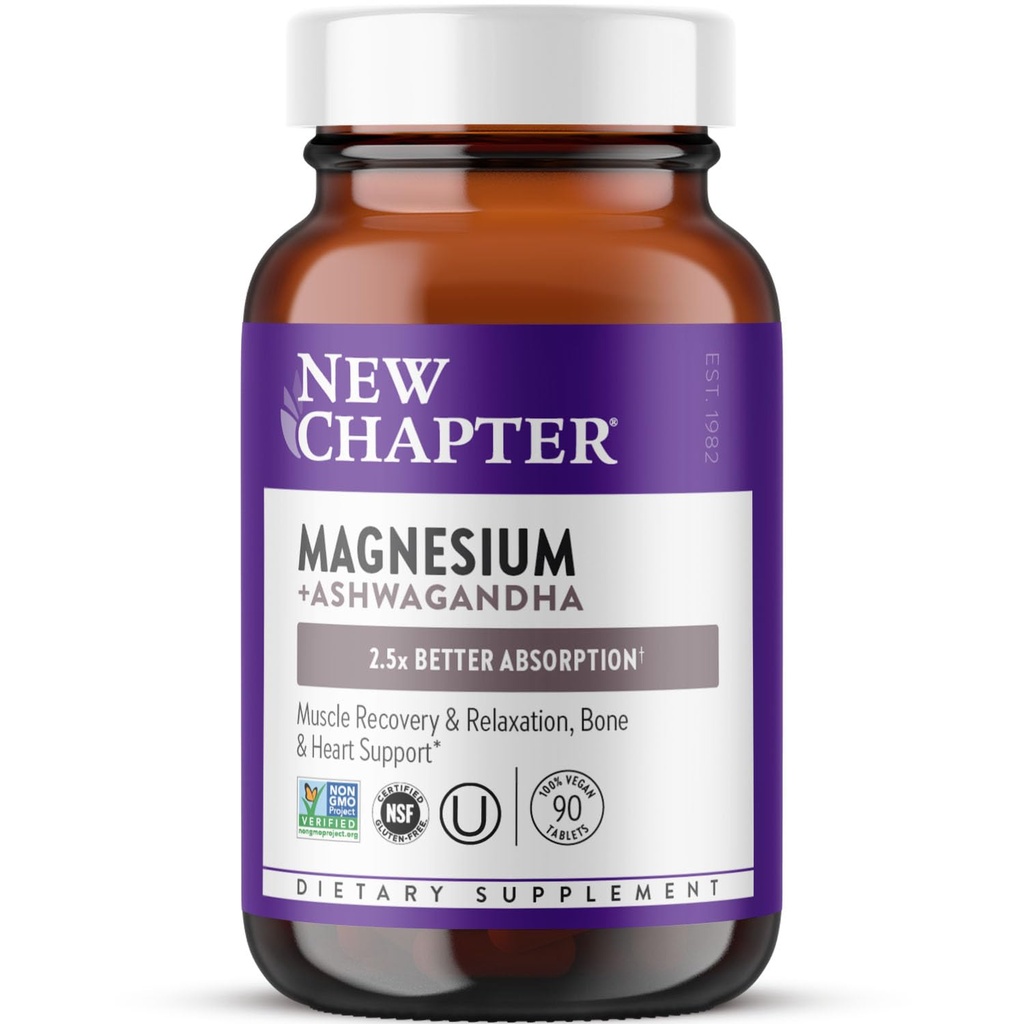 Novo poglavje Magnezij + Ashwagandha dodatek, 325 mg z magnezijevim glicinatom za sproščanje mišic in regeneracijo mišic, srce, živec in zdravje kosti, 2,5X Absorpcija, Non-GMO - 90 ct (3 mesec oskrbe)