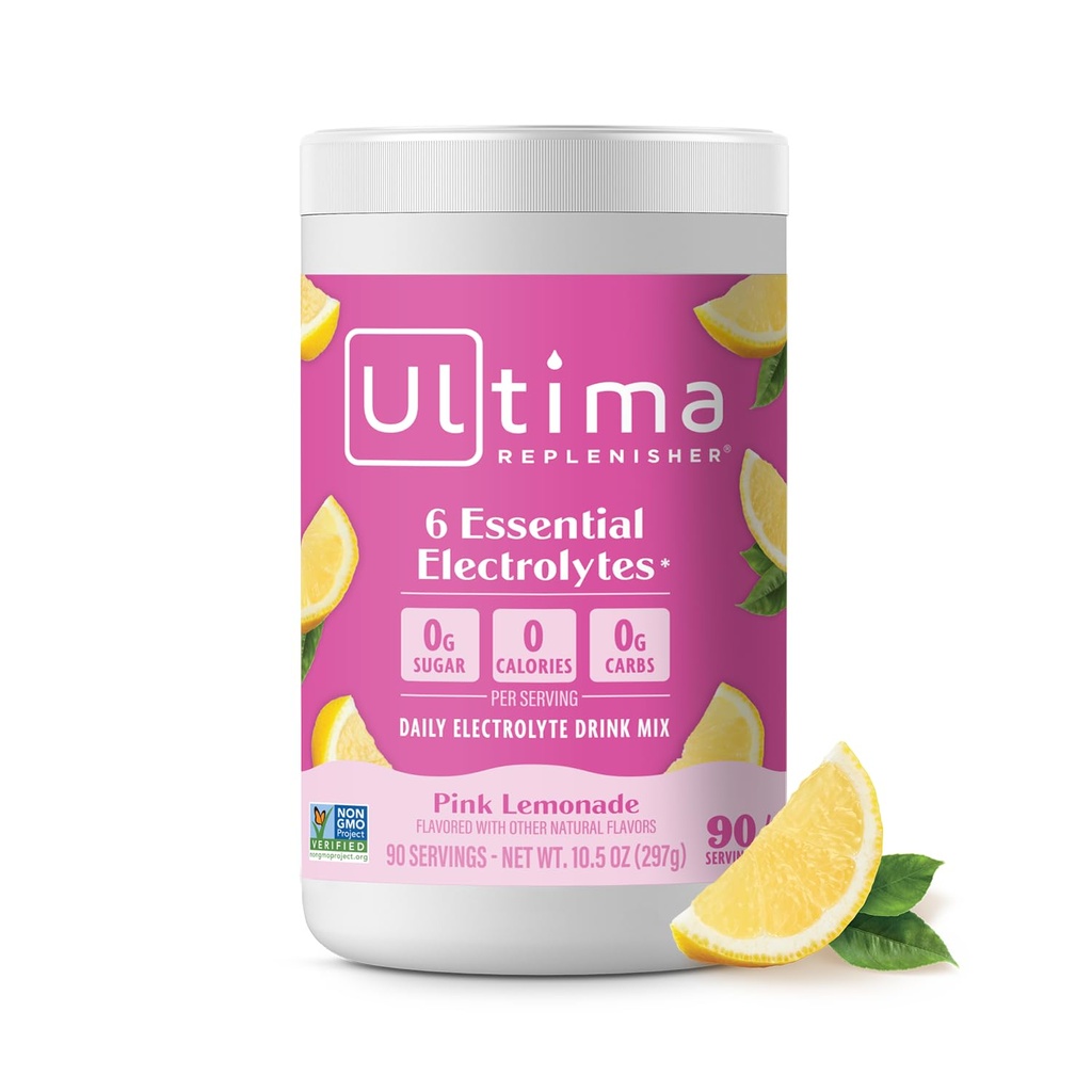 Ultima Replenisher Daily Electrolyte Powder Drink Mix – Sugar Free – Roza limonada, 90 Serviranje – Hidracija Powder s 6 Key Elektroliti in Trace Minerals – Keto Friendly, Vegan, Non-GMO