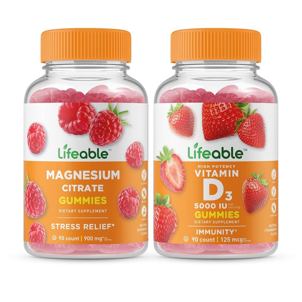 Življenjski magnezij + vitamin D 5000 i.e., Žvečljivi gumi, odlično degustacijo, vitaminski dodatek, brez glutena, brez GSO, žvečljivi gumi