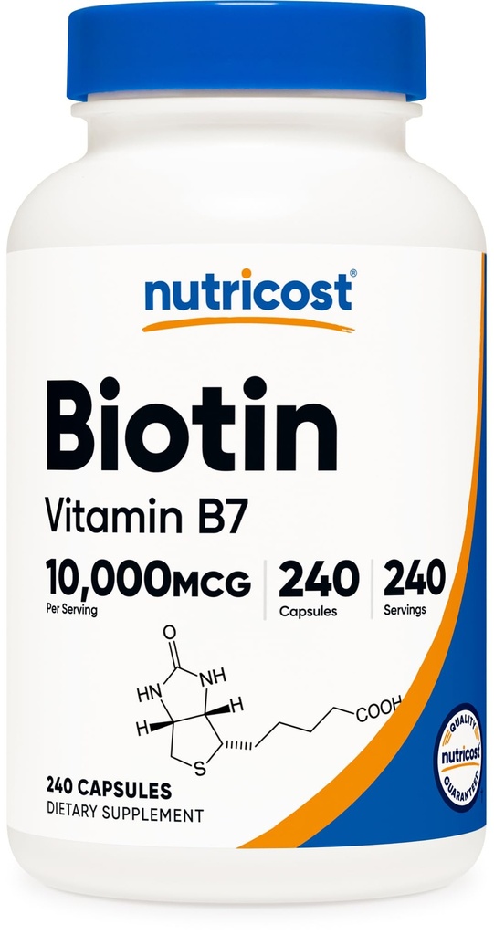 Nutricost Biotin (vitamin B7) 10.000mcg (10mg) dodatek vitamina, 240 Kapsule - vegetarijanska, Gluten brezplačno, hitro sproščanje, Non-GMO