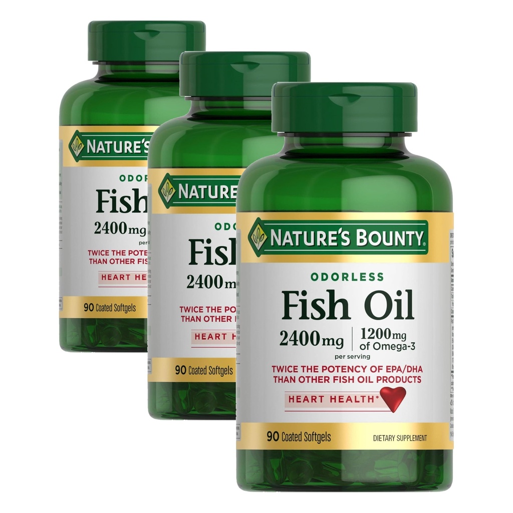 Narava je Bounty Odorless ribje olje, 1200mg Omega-3 na služijo, vključno z EPA & DHA, Podpira zdravje srca, Prečiščeno za odstranitev živega srebra, Oblazinjeni softgels,Gluten Free,No Shellfish, 90 Število, (Pack 3)