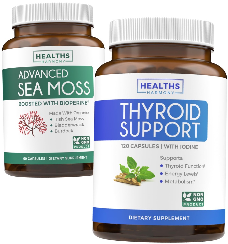 Bundle of Thyroid Support & Sea Moss - Sea Moss Thyroid Care Pack - Thyroid Support with Iodine (120 Caps) & Irish Sea Moss Capsules - Raw Vegan Supplement with BioPerine (Non-GMO & Organic)