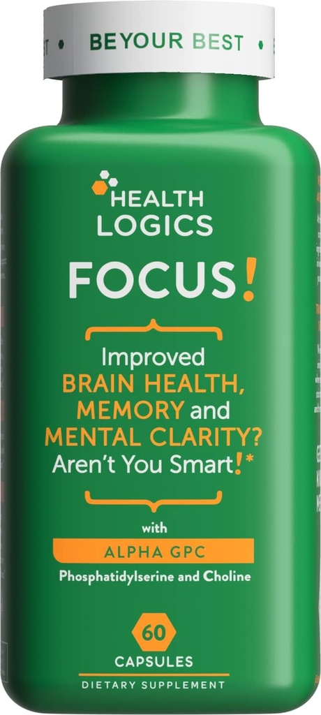 Health Logics Focus! - Možganski dodatek za spomin, jasnost, Koncentracija z holinom, Ginkgo Biloba, Alpha GPC, fosfatidilserin, Bacopa Monnieri l 60 Kapsules l Non-GMO