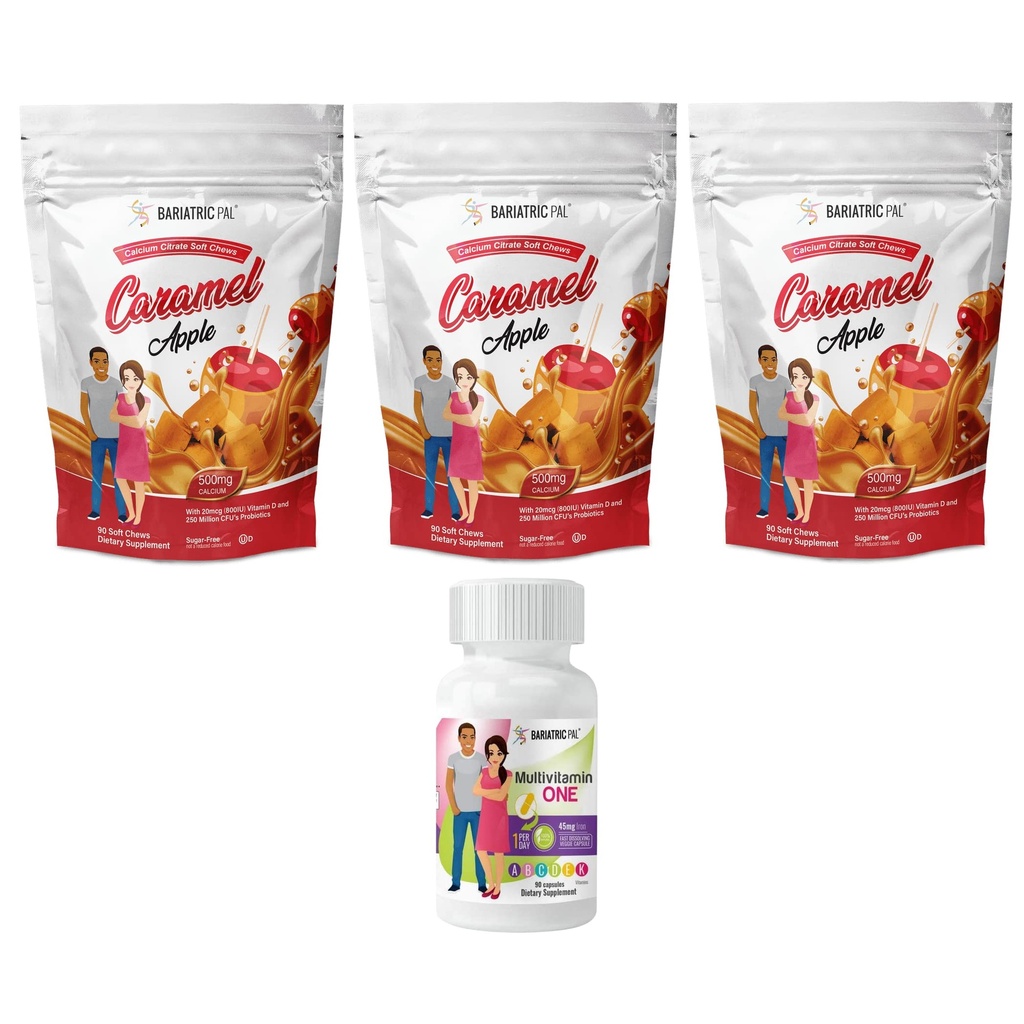 BariatricPal 90-dnevni bariatrični vitamin Bundle (Multivitamin ONE 1 na dan! Kapsula s 45 mg železa in kalcijevega citrata Soft Chews 500mg s probiotiki - karamelno jabolko)