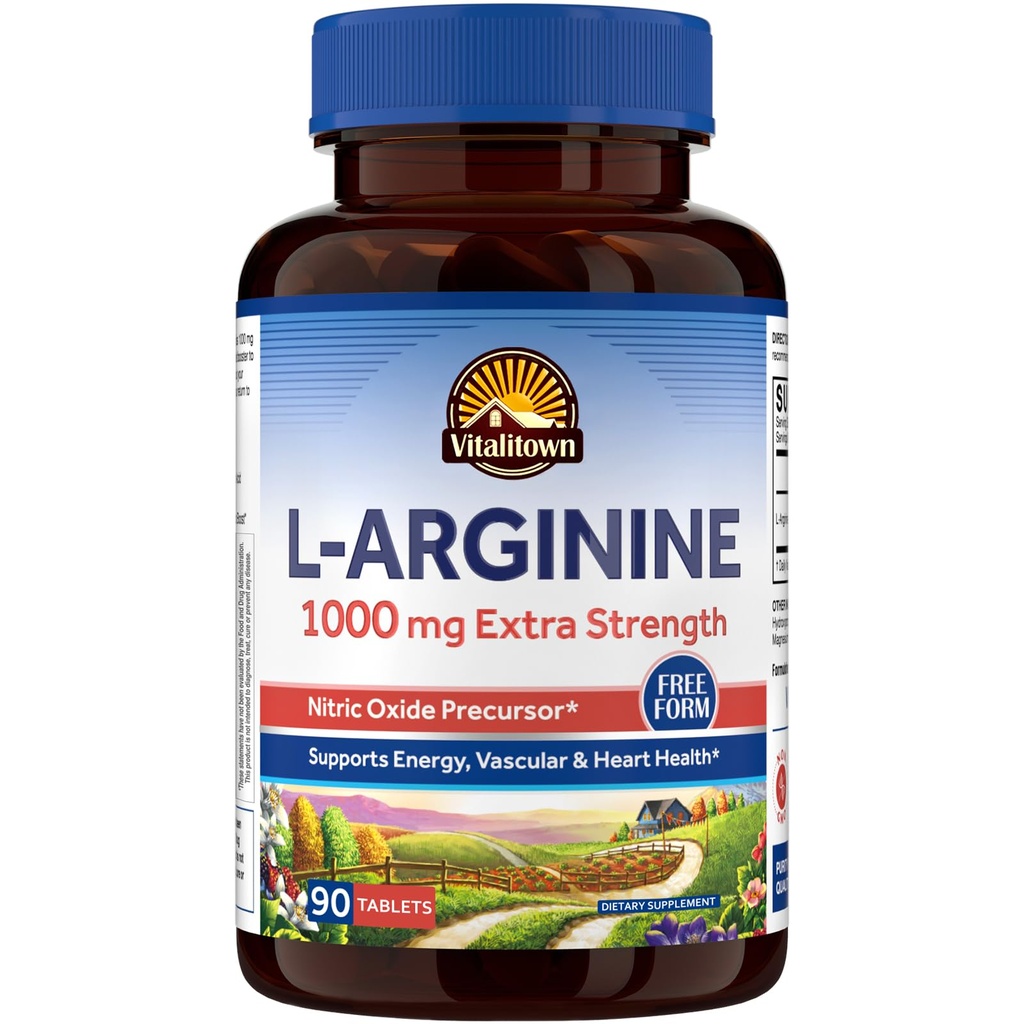 Vitalitown L-arginin za moške in ženske, 1000 mg, dodatki za dušikov oksid, brez glutena, ne-GMO, vzdržljivost, vadba, podpora za pretok krvi, 90 tablet