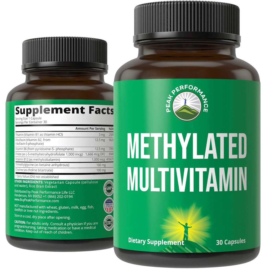 Metilirani multivitaminski + metilirani B kompleksni dodatek. S trimetilglicinom (TMG), L metilfolatom, metil B12 + B1 + B2 + B6 Vitamini + holin. MTHFR dodatek za ženske in moške. Veganske kapsule