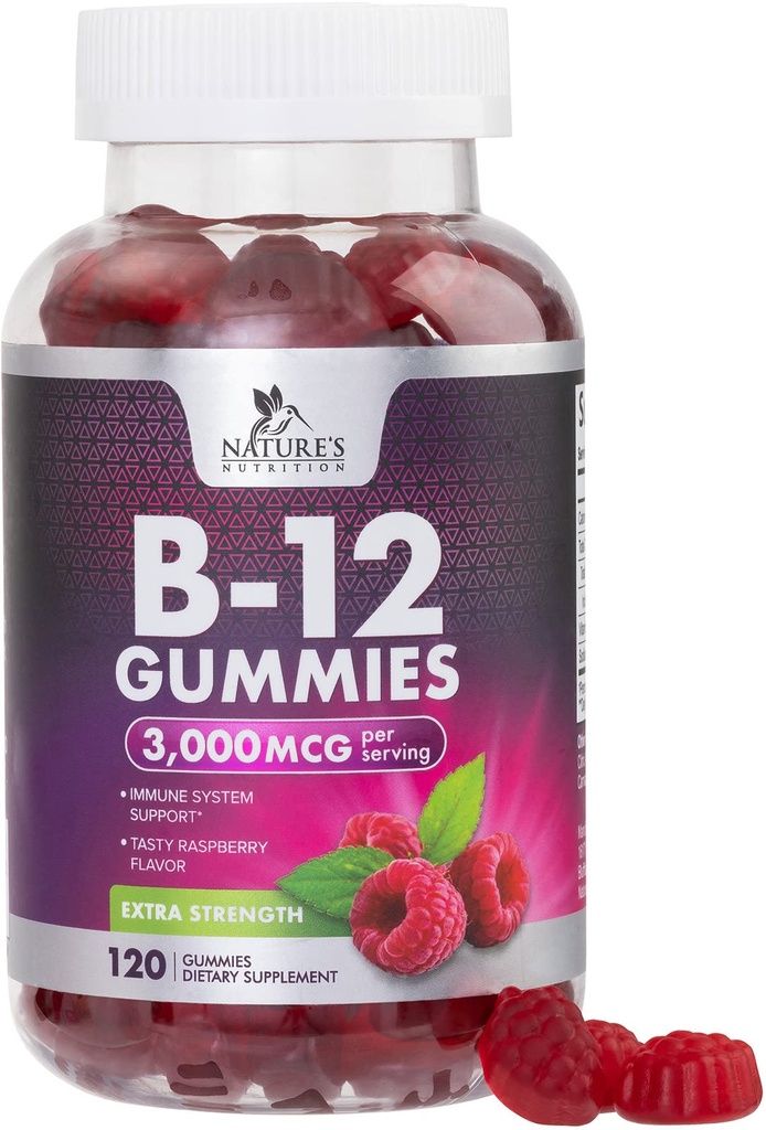 B12 Vitamini Energija Gummies 3000 μg - Extra Jakost B 12 Gummi za podporo Presnova in imunski sistem - Žvečljiva prehrana B12 Dodatki za odrasle in otroke Kofein Brez Gummy Vitamin - 120 Gummies