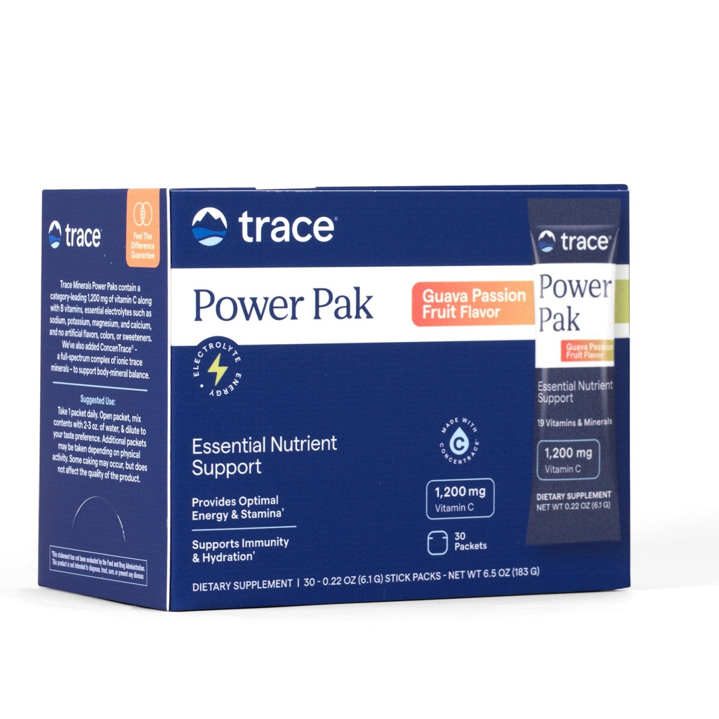 Trace Minerals Power Pak Multivitaminski in multimineralni paketi - Podpora za elektrolite - 1200 mg Vitamin C Plus 70 Guava Passion Fruit Flavor - 30 Packets