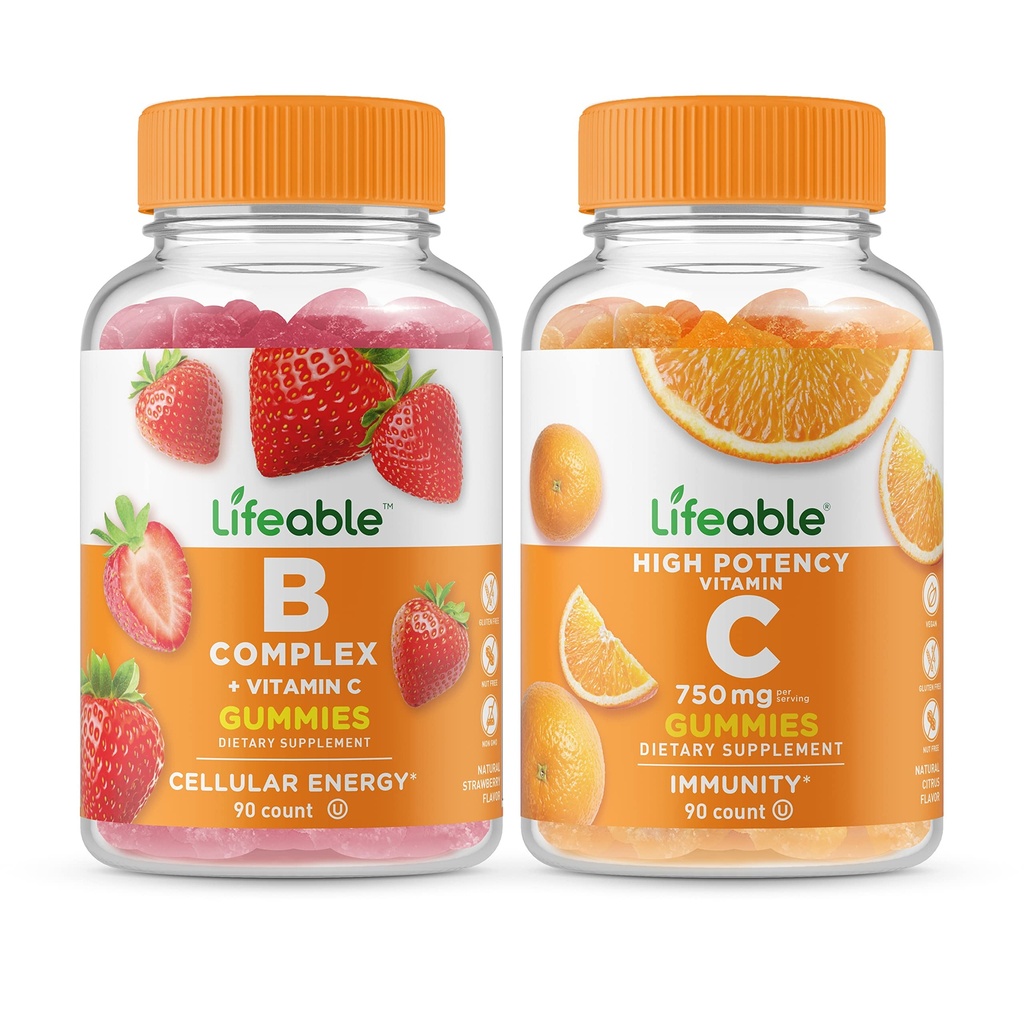 Življenjski B Complex + Vitamin C 750mg, Gummies Bundle - odlično degustiranje, Vitamin dopolnilo, Gluten brezplačno, GSO brezplačno, Žvečljiv
