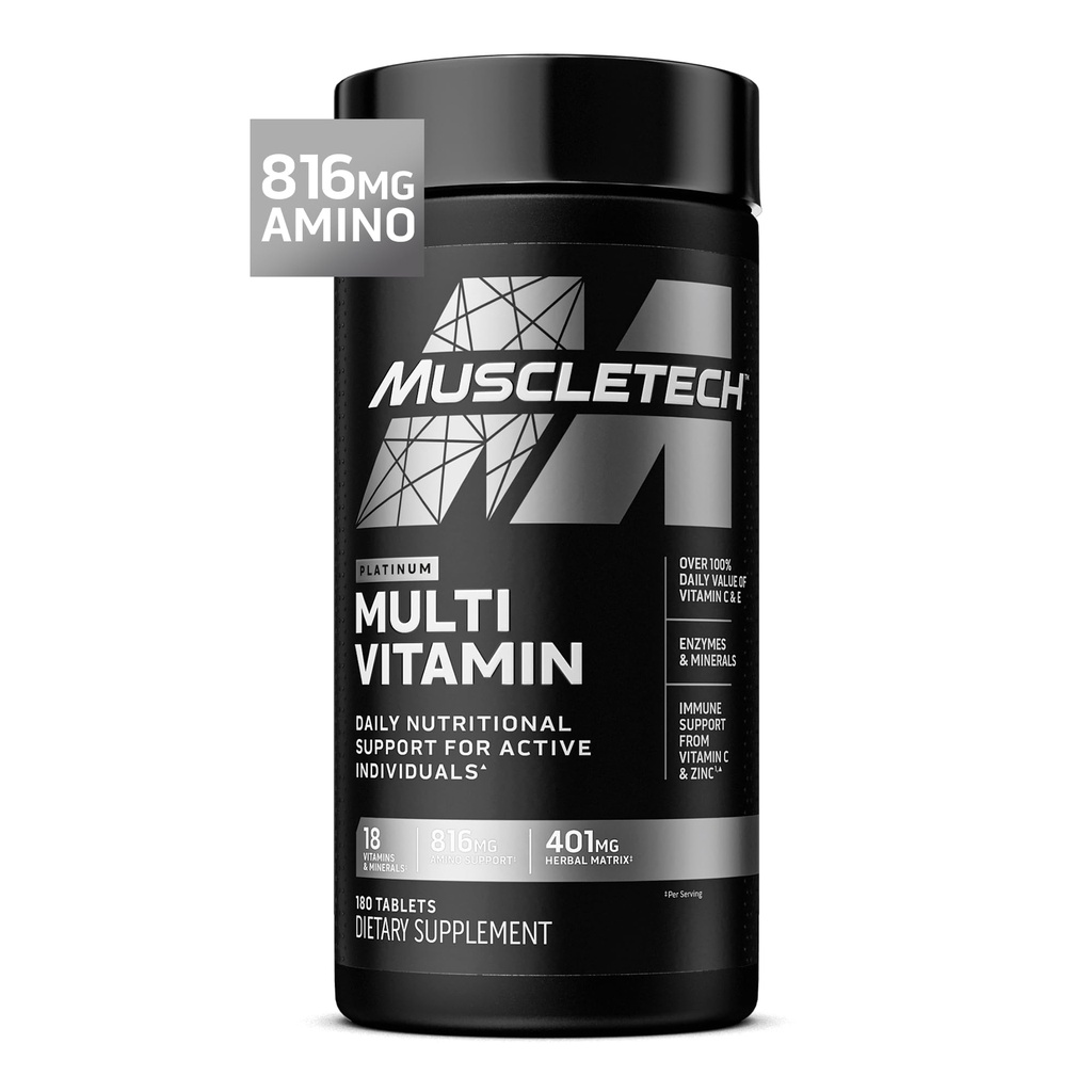 Muscletech Platinum Multivitamini za moške in ženske - multivitamin dodatek za imuno podporo - 18 Vitamini in minerali, Vitamin A C D E B6 B12 - Dnevni servis za moške - 180 kapsul