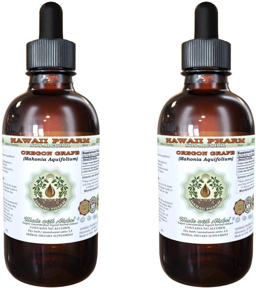 Havaji Pharm Oregon Grozdje brez alkohola Tekoči ekstrakt, Oregon Grozdje (Mahonia aquifolium) Posušeni koren Glicerit Naravni zeliščni dodatek, ZDA 2x2 fl.oz