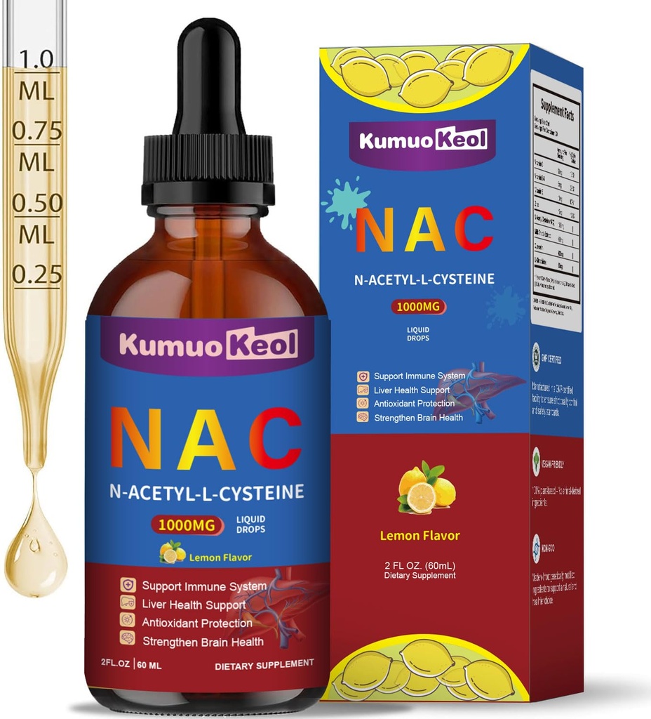 NAC Supplement N-Acetyl Cysteine Liquid, N Acetyl Cysteine 1000mg Liquid Drops with Quercetin Zinc for Adults, Kids, Support Liver Lung Function, Antioxidants, Immunity, Skin Health, 2 Fl Oz