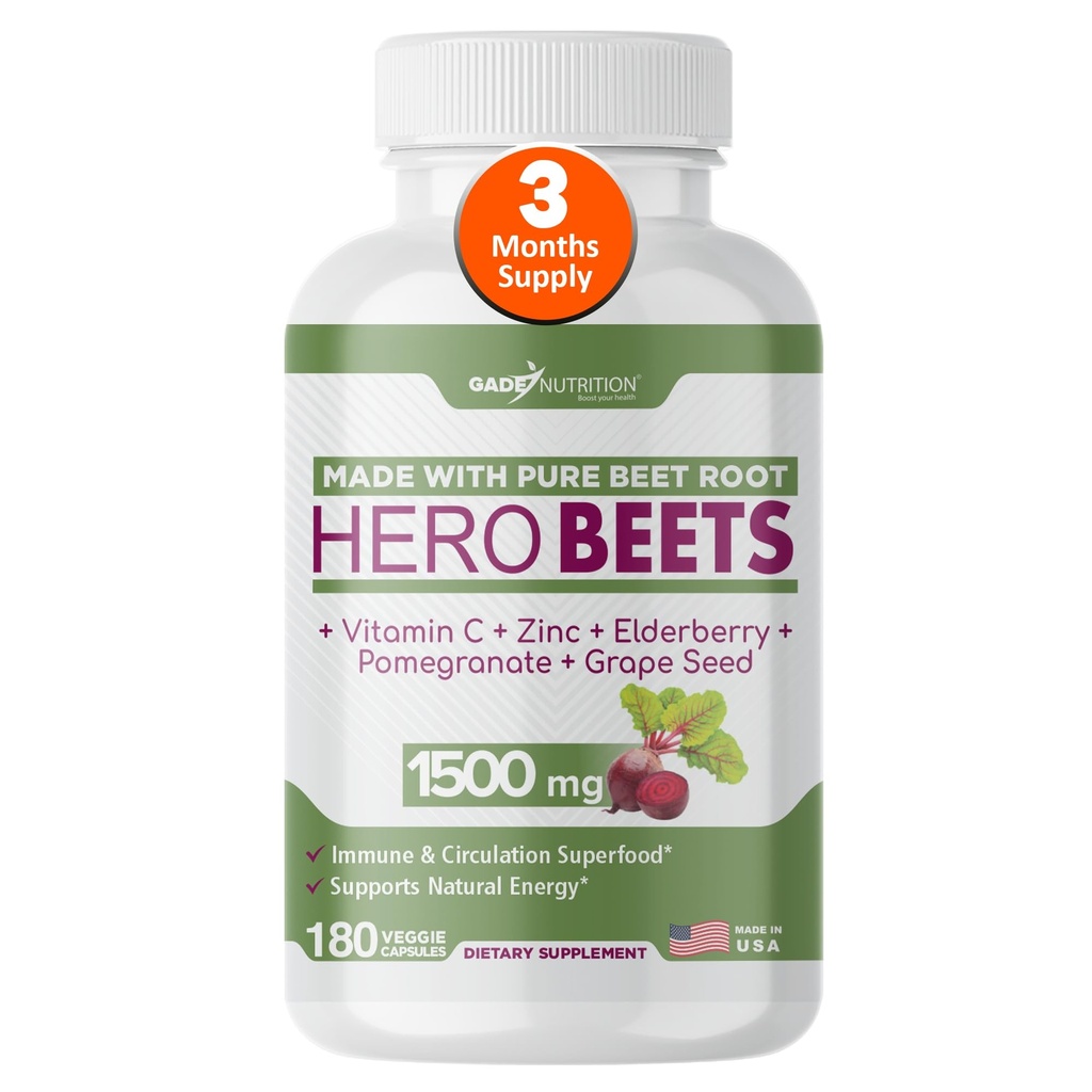 Gade Nutrition Hero Beets - korenske kapsule sladkorne pese 1500mg - koreninski prah iz organske pese + vitamin C cink, bezgova jagoda, grah, izvleček grozdnih semen - 3 mesece