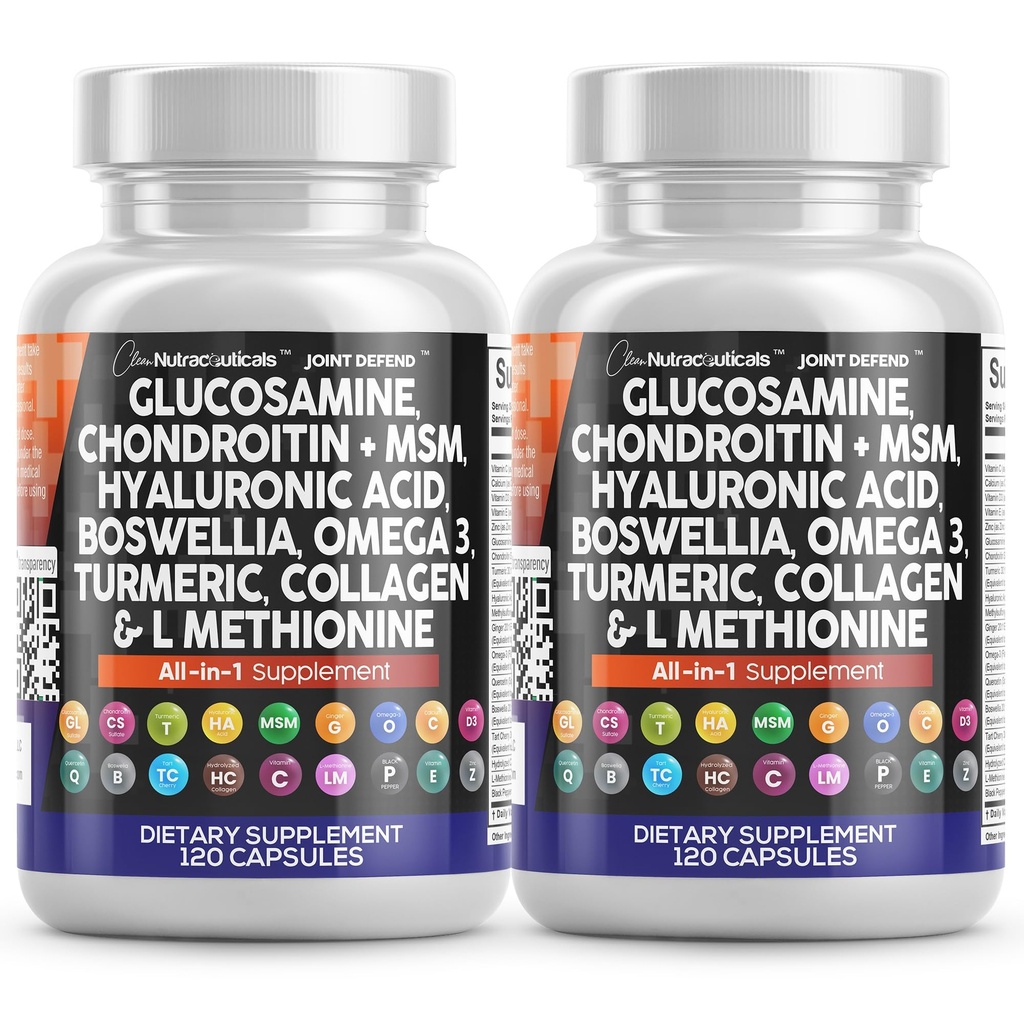 Clean Nutraceuticals Glucosamine Chondroitin MSM 1500mg with Turmeric Curcumin, Collagen, Hyaluronic Acid, Omega 3 – Joint Health Supplement for Men & Women (120 Count (Pack of 2))