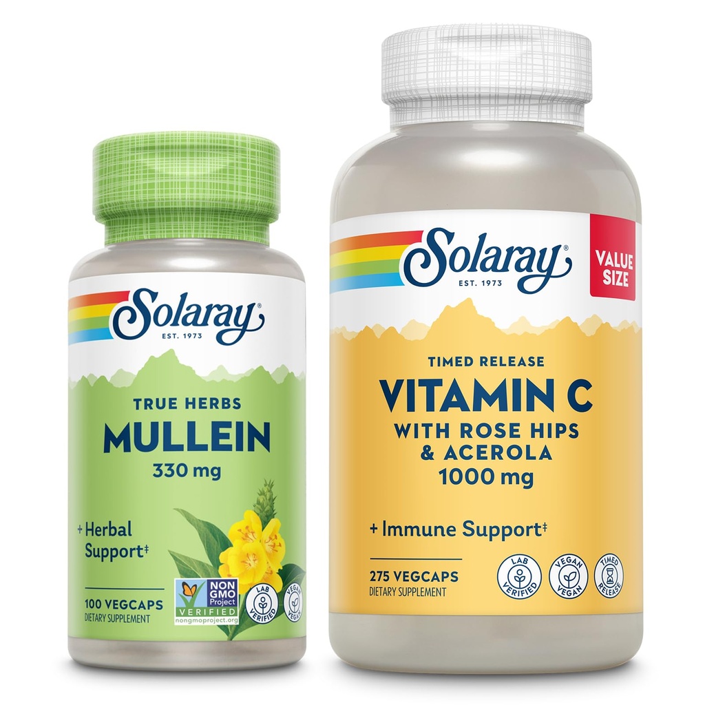 SOLARAY Vitamin C 1000mg in Mullein Leaf Wellness Bundle - Time release Vitamin C dodatek in Mullein kapsule, Tradicionalno se uporablja za wellness podporo - Vegan, 60-dnevni garancija, 275/100 VegCaps