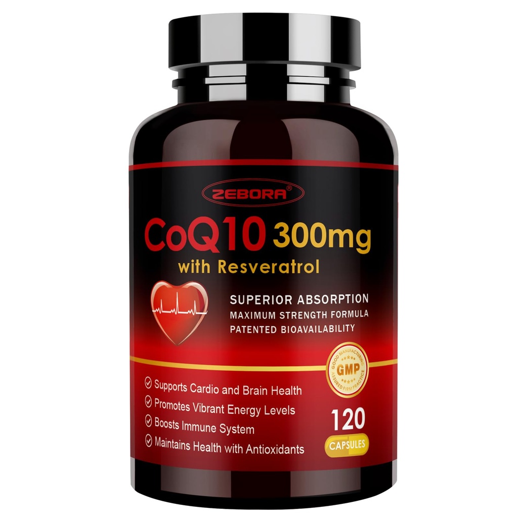 ZEBORA CoQ10-300mg s trans-resveratrolom, PQQ & vitaminom E - visoka absorpcija Koencim-Q10 z BioPerinom - močan antioksidant za srce in energijo,120 Veggie kapsule