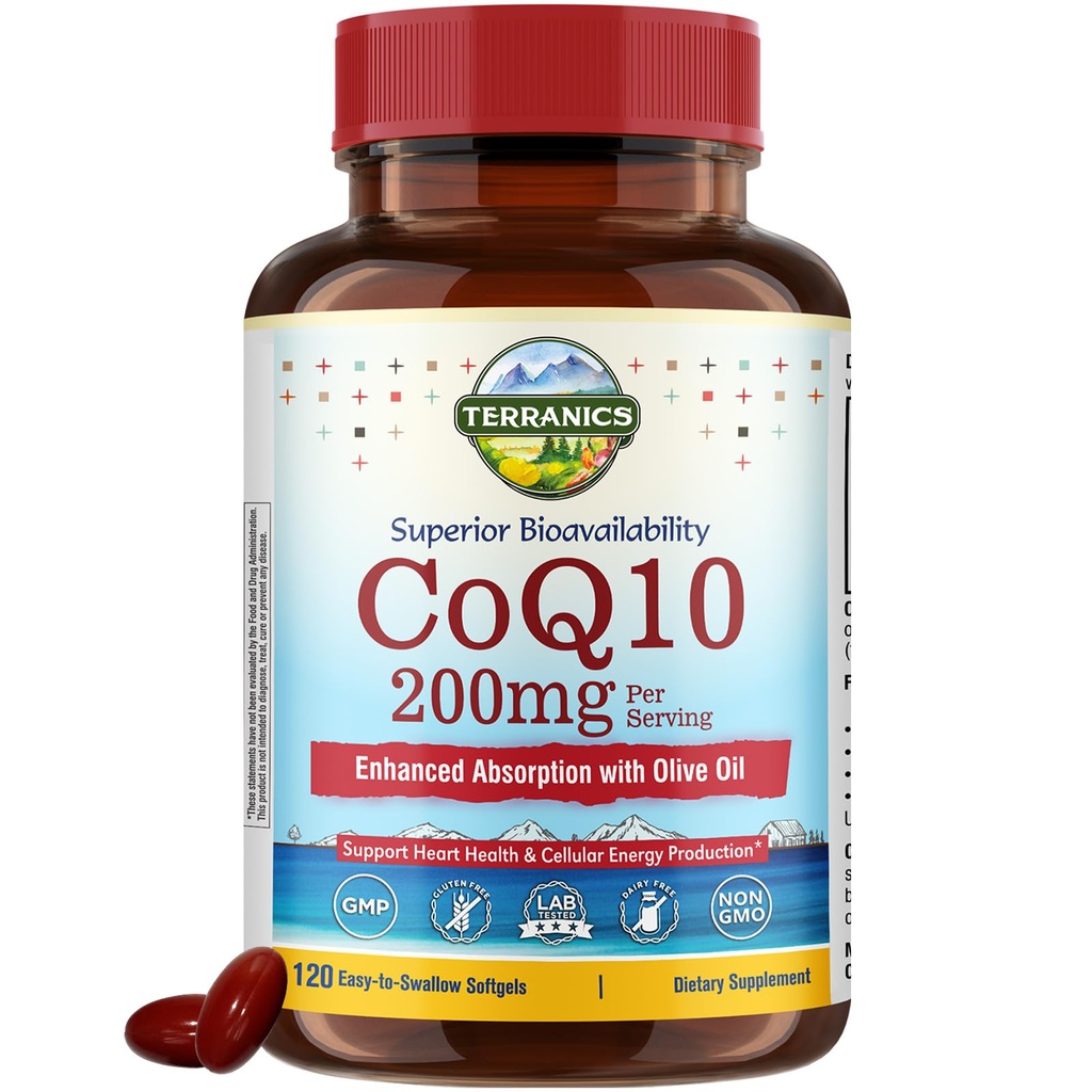 Teranika CoQ10 200mg, Koencim Q10 dodatek z ekstra deviško oljčno olje za izboljšano absorpcijo, Izdelano v ZDA, Podpira zdravje srca, Antioksidant Zaščita, Proizvodnja energije, Non-GMO, 120 Softgels