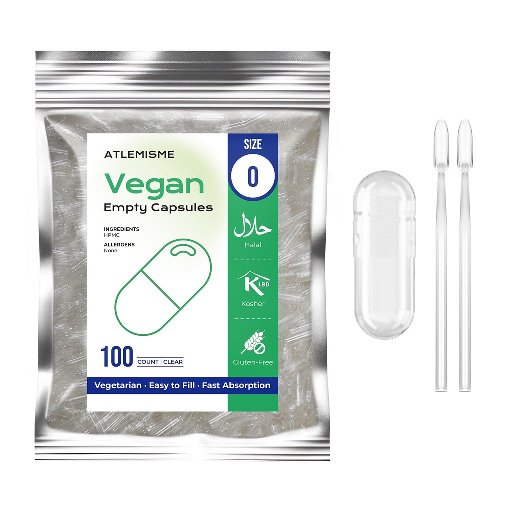 Prazne veganske kapsule Velikost 0 - (100 Štetje) Prazne kapsule DIY Zelenjavna kapsula Polnjenje - Veggie Prazne kapice z 2 Micro Lab spoons