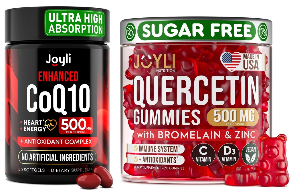 Quercetin z Bromelain & CoQ10 500mg paket – 120 Koencim Q10 Softgels + 60 Sugar-free Quercetin Gumies z cinkom, vitamin C & D3 – Imune, Heart & Energy Support – ZDA Made dodatki