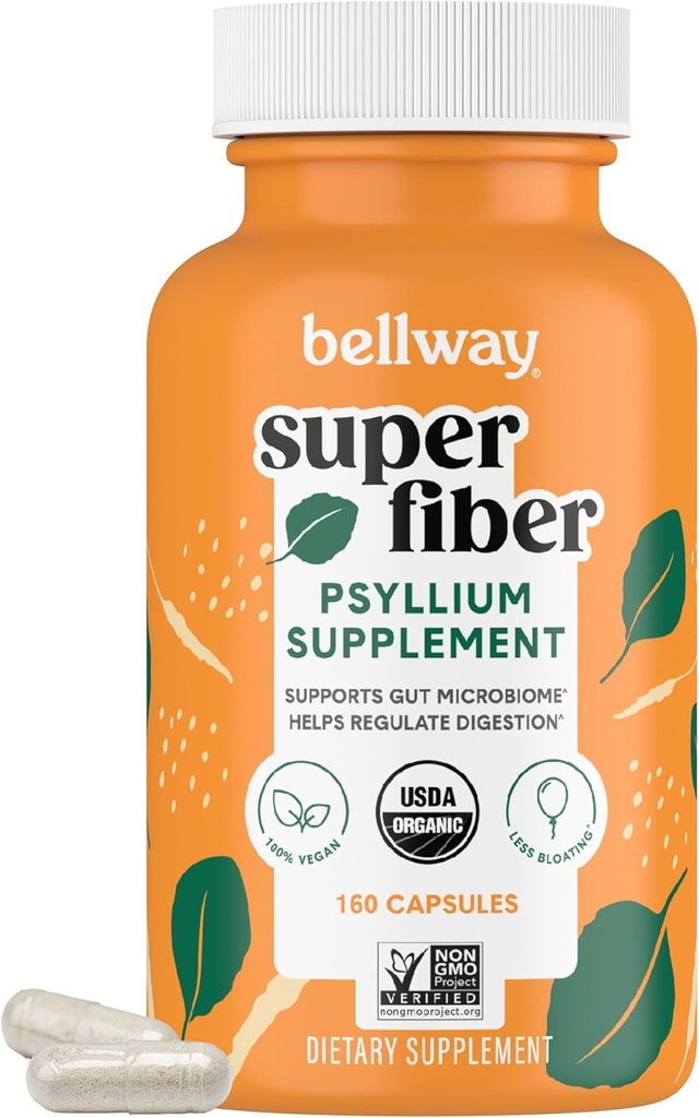 Bellway Super Fiber Kapsule - USDA Organic Psyllium Husk Kapsule - Dnevni Psyllium Husk Fiber dodatek za prebavno zdravje in regularnost - rastlin, ne-GMO, Kosher - 160 kapsul