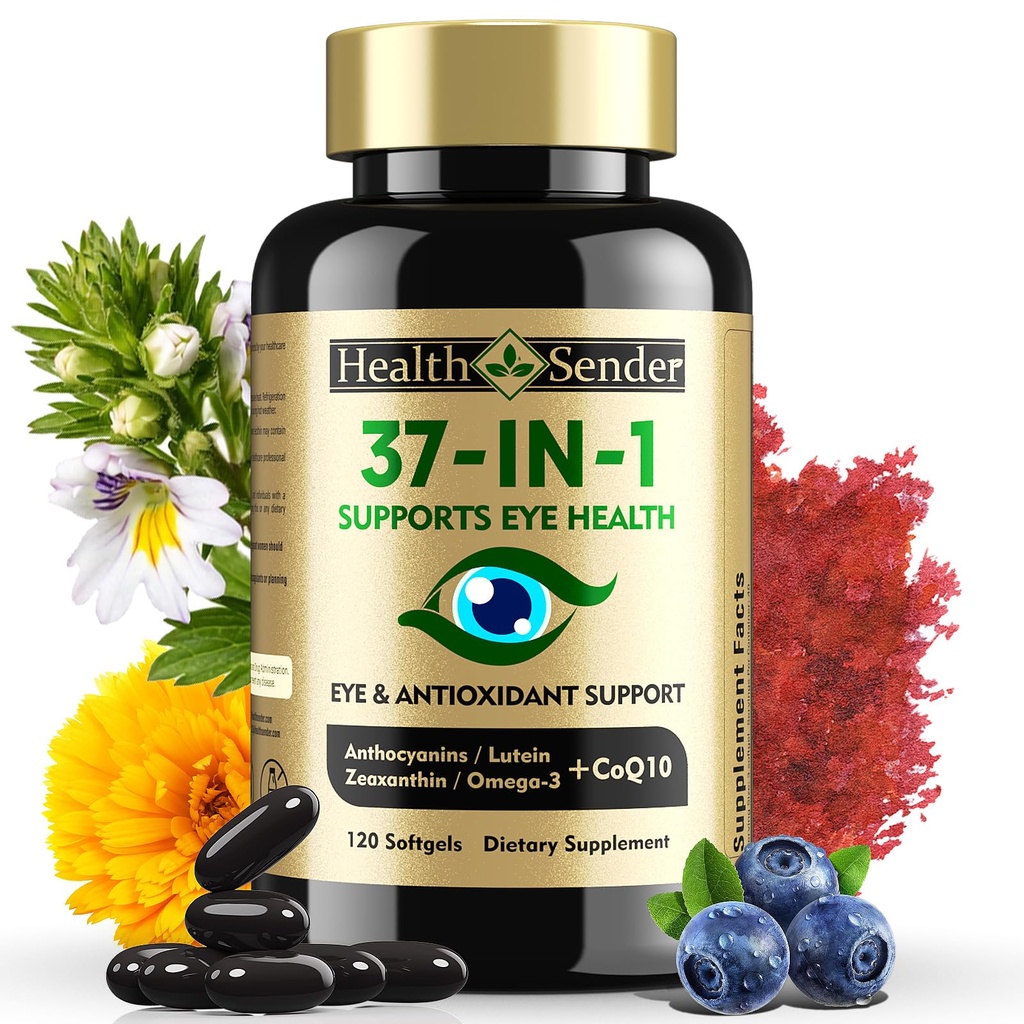 37 v 1 Eye Vitamini z Lutein in Zeaksantin dopolnilo – dodatek za oči s CoQ10, Omega-3, Minerali za zdravje oči podpora za odrasle in starejše, Dnevni Vision dodatek, 120 črne softgels