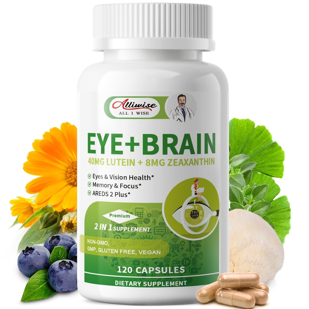 Eye + Brain Supplements za spomin in fokus, Lutein 40mg, Zeaksantin, Astaksantin, borovnica, Levja Mana, Bacopa Monnieri, Ginkgo Biloba, 14 v 1 oči Vitamini za odrasle in starejše 120 Kapsule