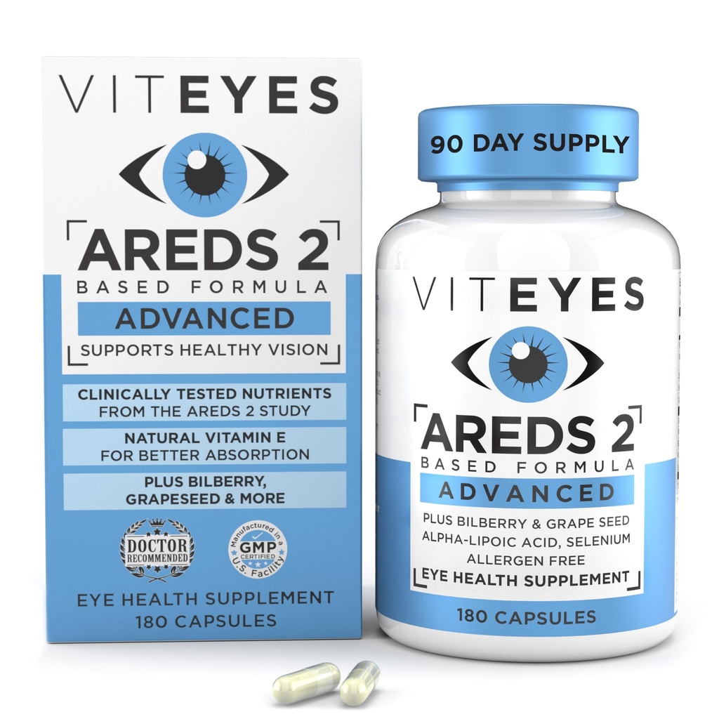 Viteyes AREDS 2 Napredne Eye Vitamini, Makularna podpora z borovnice, grozdno seme, FLORAGLO Lutein, Selen, Naravni vitamin E, Alergen brezplačno, Vision Protection, Eye Doctor Trusted, 180 Count