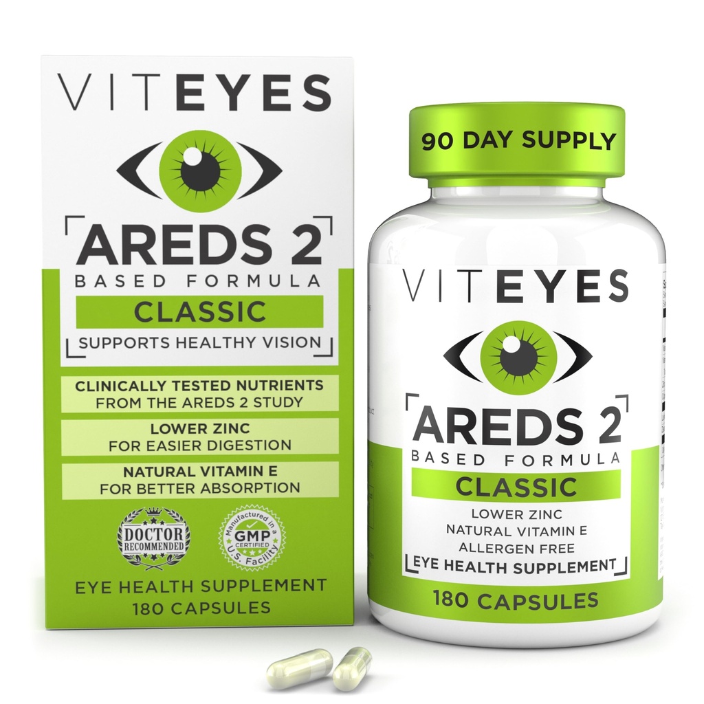 Viteyes AREDS 2 Eye Vitamini, Classic Makular Support, Alergen proste kapsule, z naravnim vitaminom E, Vitamin C, cink, baker, Lutein & Zeaksantin, Eye Doctor Trusted, Proizvedeno v ZDA, 180 Ct
