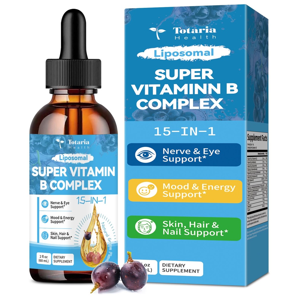 15- v-1 liposomski vitamin B kompleks Pro, brez sladkorja B kompleksne kapljice z B1, B2, B3 niacinamid, holin, B5, B6, B7 Biotin, inozitol, folat, B12, cink, lutein, zeaksantin, tavrin in vit. C, 2 fl oz