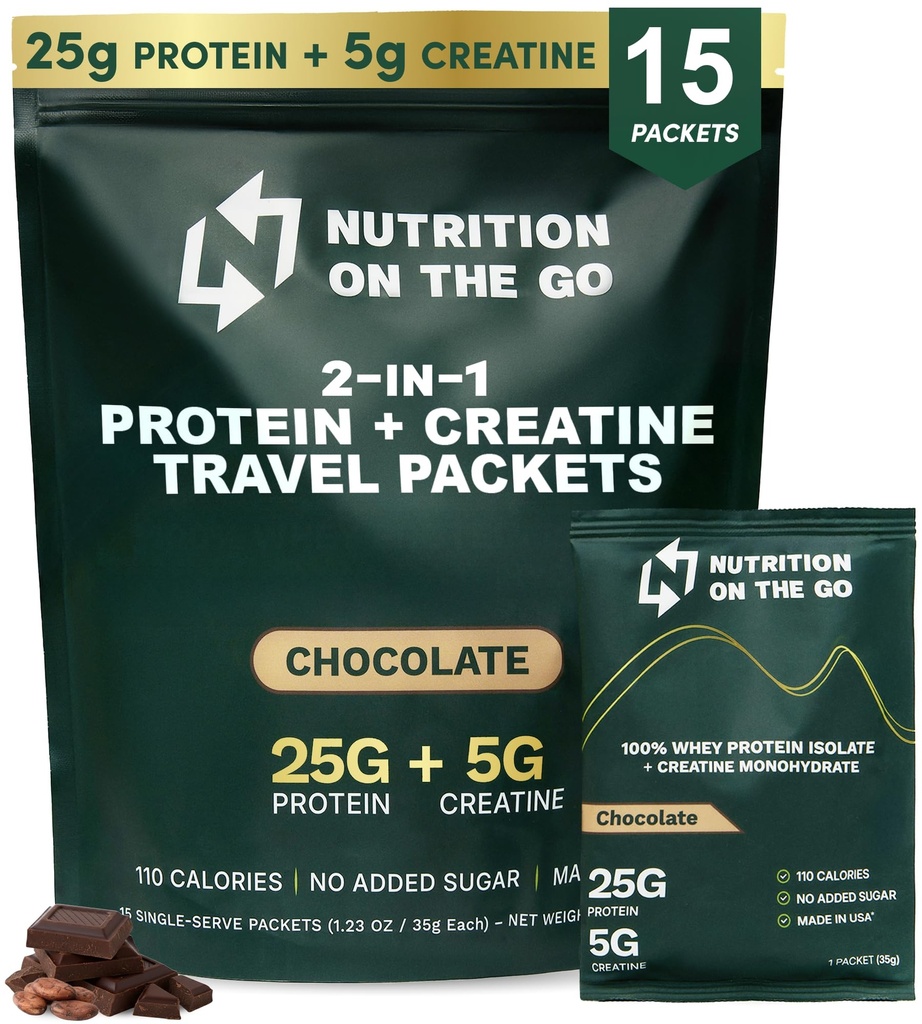 Nutrition On The Go Whey Protein Isolate Packets with Creatine - 25g Beljakovine + 5g Kreatin - Beljakovine za enkratno uporabo v prahu - 5,9g BCAA, Keto & Low-Carb, brez glutena - čokolada (15-Pack)