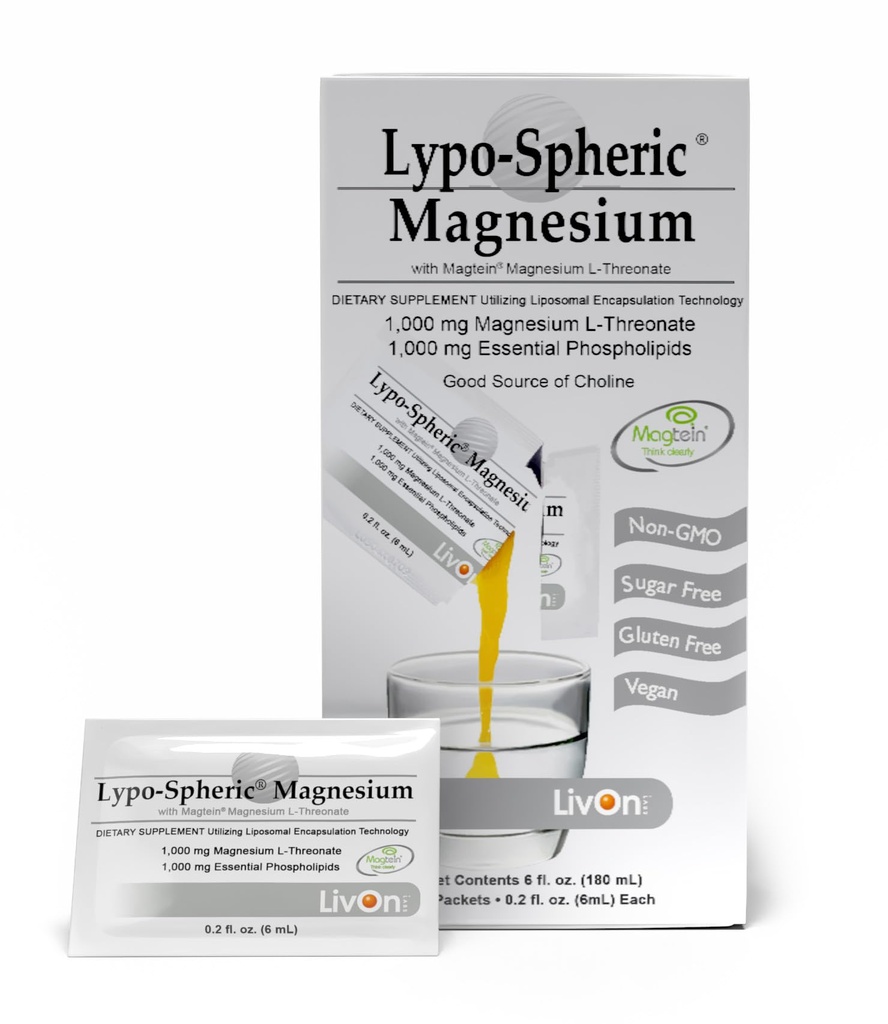 LivOn Laboratories Lypo-Sferic Magnezij L-Threonat - 30 paketov - 77mg na paket - Liposome Inkapsuliran za največjo biološko razpoložljivost - Profesionalno oblikovan - 100% Non-GMO