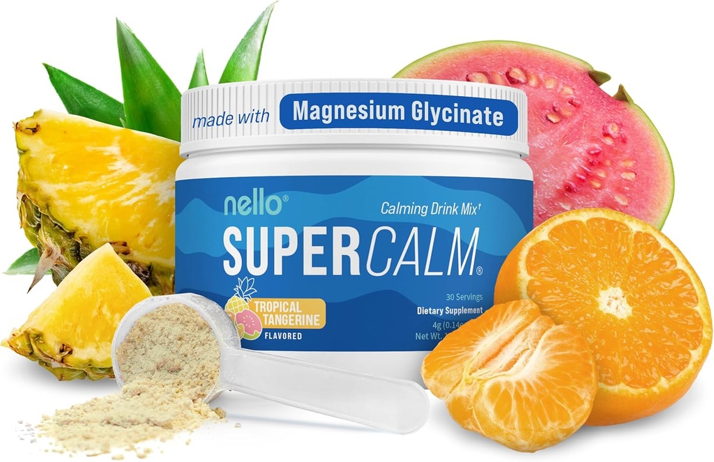 Nello Supercalm v prahu mešanica, Tropical Tangerine, L Theanine, Ksm-66 Ashwagandha, Magnezijev glicinat, Vitamin D 3, Dodatki za sprostitev in fokus, naravni, brez sladkorja, ne GSO, 30 Srvg