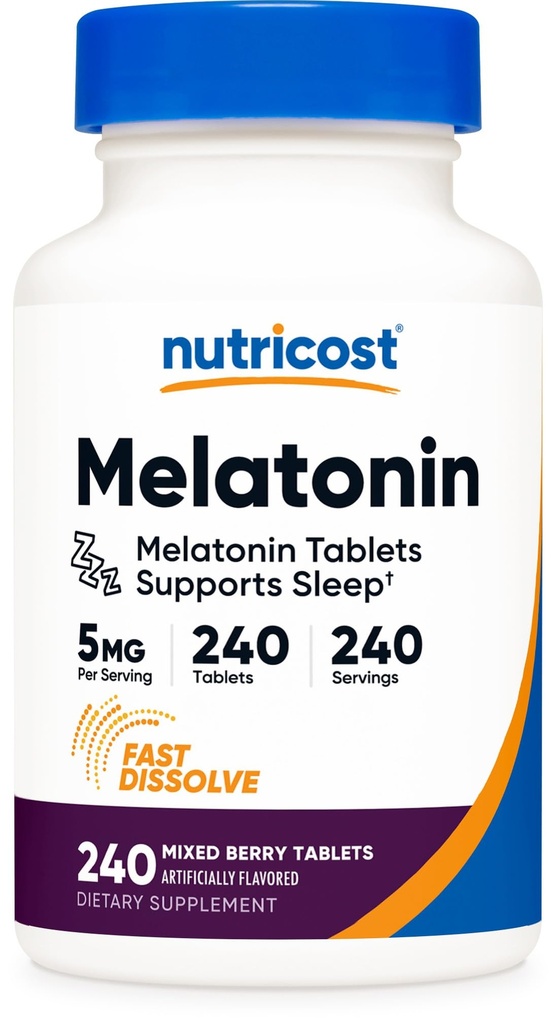 Nutricost Melatonin 5mg, 240 hitre tablete za raztapljanje (mešana aroma jagod) - ne-GMO, brez glutena
