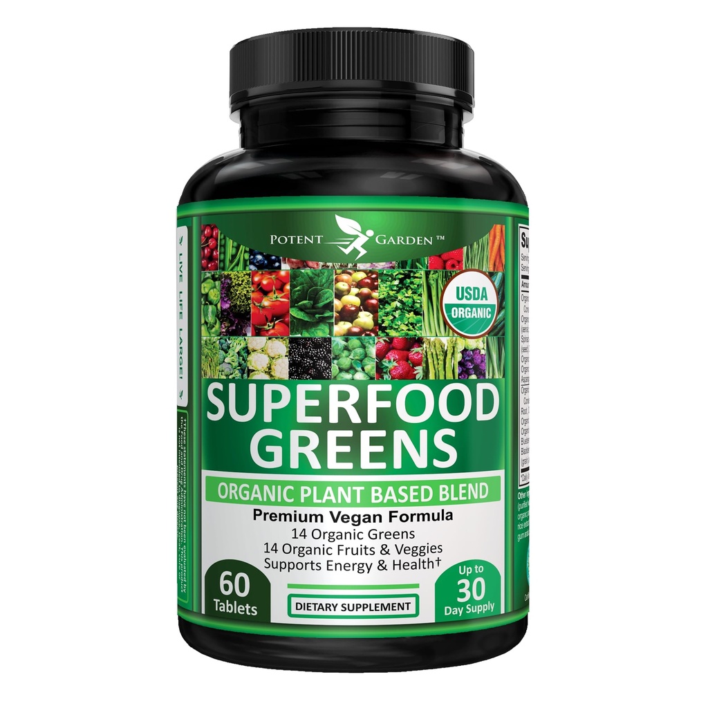 Močni vrt Organic Superfood Greens, sadje in zelenjavo dodatek bogata z vitamini in antioksidanti z Alfalfa, Beet Root & Tart Cherry za povečanje energije, imunitete in Gut zdravje, Zeleni tablete 60 Ct