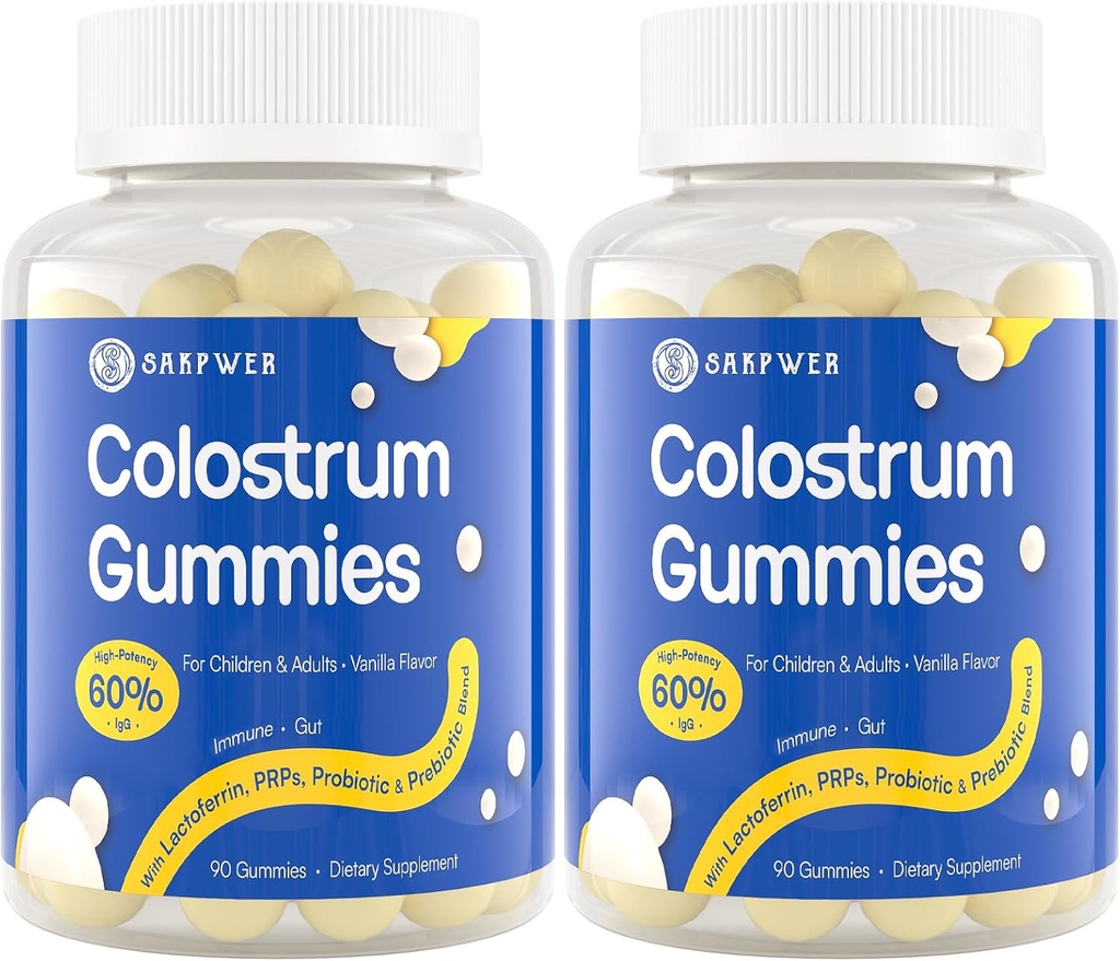 Goveje kolostrum dopolnilo Gumies - s 60% Najvišji IgG, Lactoferrin, Probiotiki in Prebiotiki za odrasle in otroke, Vanilla Flavor & Sugar Free, 2 paket