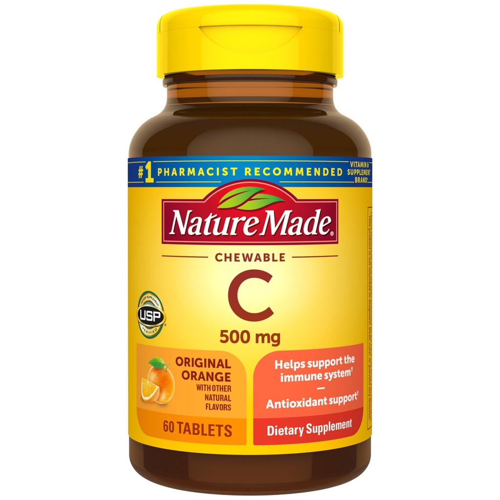 Žvečljivi vitamin C 500 mg, prehranski dodatek C za imuno podporo, 60 tablet, 60 dnevna zaloga