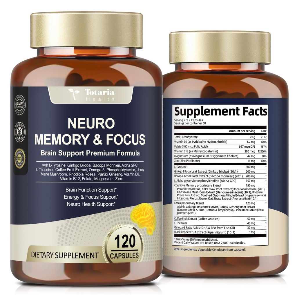 Totaria Brain Supplements for Memory and Focus, Brain Health with L-Tirozin, Alpha GPC, Ginkgo Biloba, Bacopa Monnieri, Nootropic Cognitive Support - Non-GMO, Gluten Free (120 Counts)