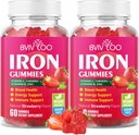 2 Pack Veganske železne žvečilke za odrasle in otroke - z vitaminom C, A, B-kompleks, Folat, cink, in Biotin - za izgradnjo krvi in energetsko podporo, 120 Gummies