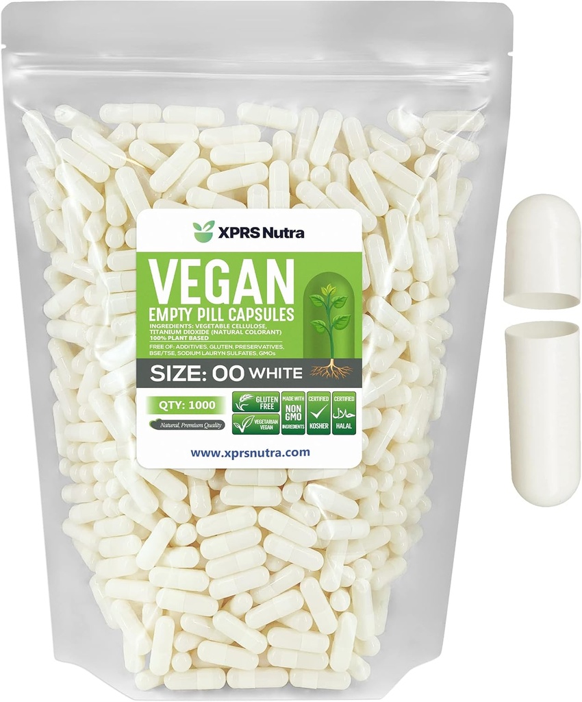 XPRS Nutra Velikost 00 Prazne kapsule - 1000 Štetje Prazne Veganske kapsule - Vegetarijanske tablete - DIY Zelenjavna kapsula Polnjenje - Veggie Tablete Kape za Do-it-Yourself Supplements (bela)