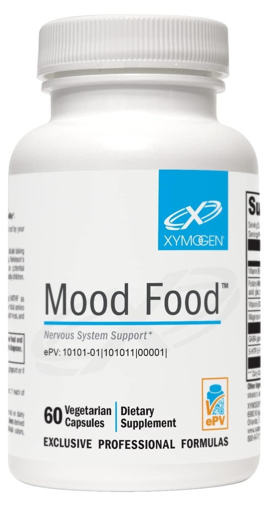 XYMOGEN Mood Food - živčni sistem, Relaksacija in podpora razpoloženju - Folat, B12, B6 z magnezijem, 5-HTP & GABA dodatek - Vegan & Non-GMO (60 kapsul)