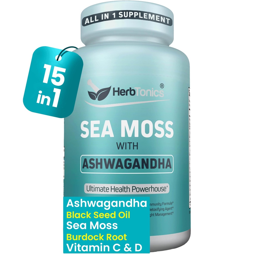 Herbtonics Sea Moss, črno olje, Ashwagandha, Burdock Root & ACV Complex 