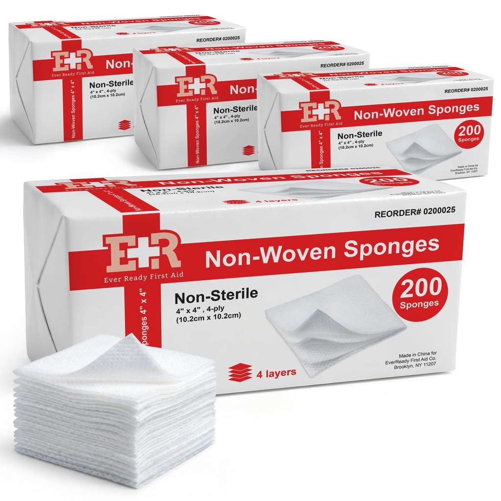 Ever Ready First Aid Non-Woven Sponges, Wound Care, Skin Care, 4" x 4", 4 Ply - 800 Count
